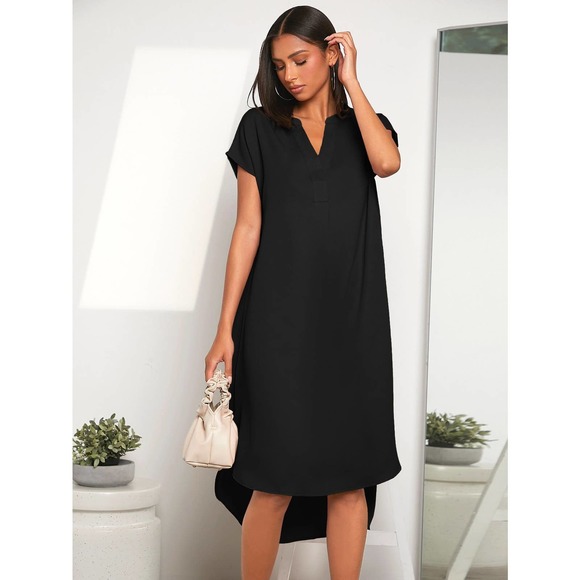 short sleeve Hi low Notched v neck Dip Hem midi Dress red - Picture 7 of 8